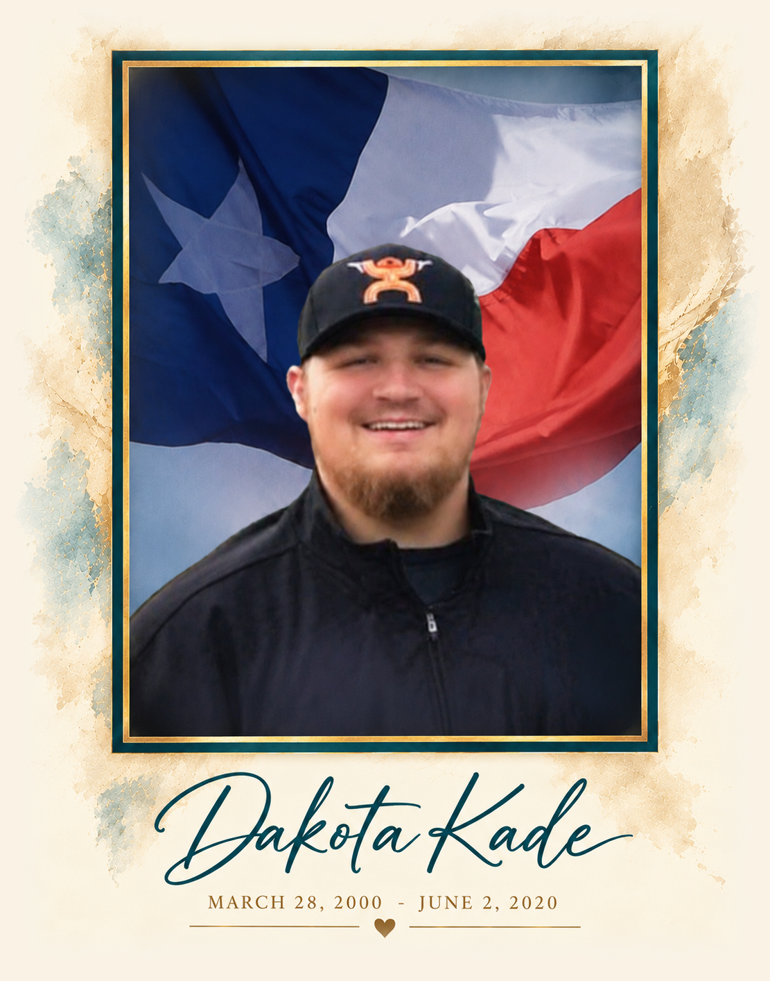 Memorial portrait of Dakota Kade with his name and dates